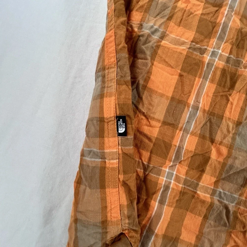 The North Face Short Sleeve Shirt Men Size Large Brown Orange Plaid Button Up